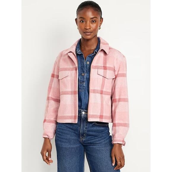 Old Navy Jackets & Blazers - Old Navy Pink Plaid Relaxed Shirt Jacket Full Zip Cropped Utility Shacket M